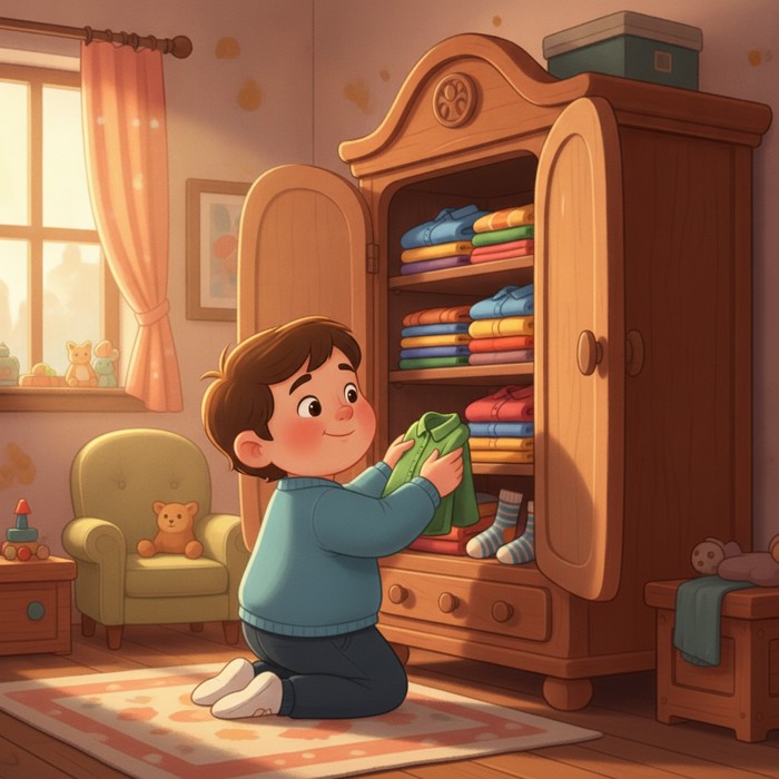 A child neatly folding and placing colorful clothes inside a wooden closet, smiling with satisfaction.