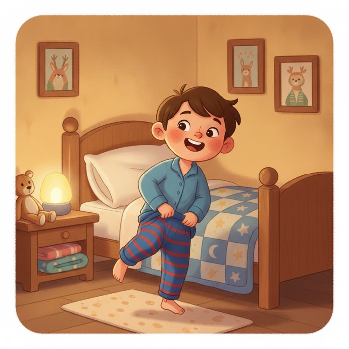 A happy child pulling on cozy striped pajamas in a warm, dimly lit bedroom, with a folded blanket and pillow visible on the bed behind them.