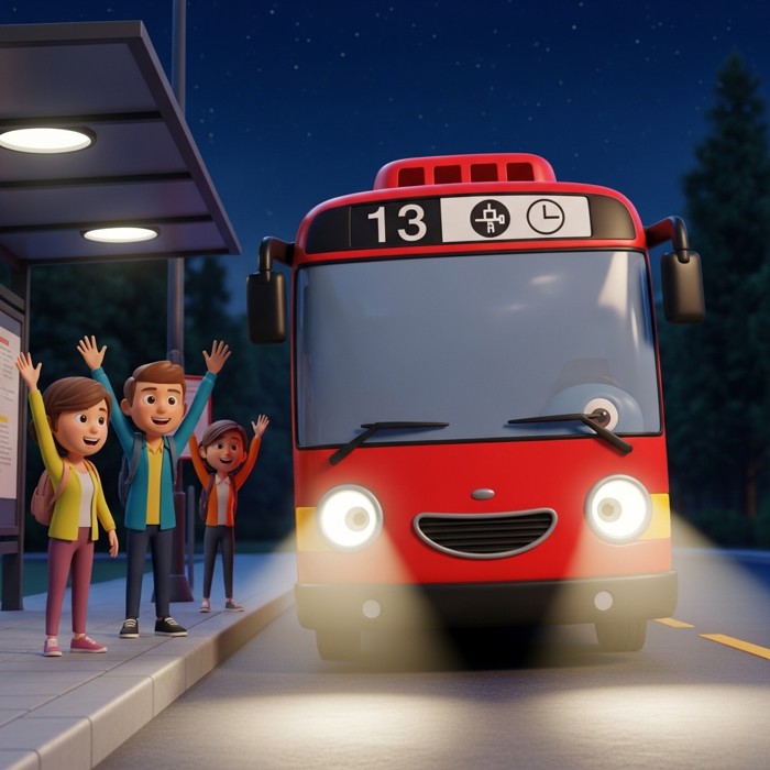 A bright red cartoon bus pulling up to the bus stop at night, its headlights shining through the dark, passengers at the stop cheering and raising their hands with big smiles.