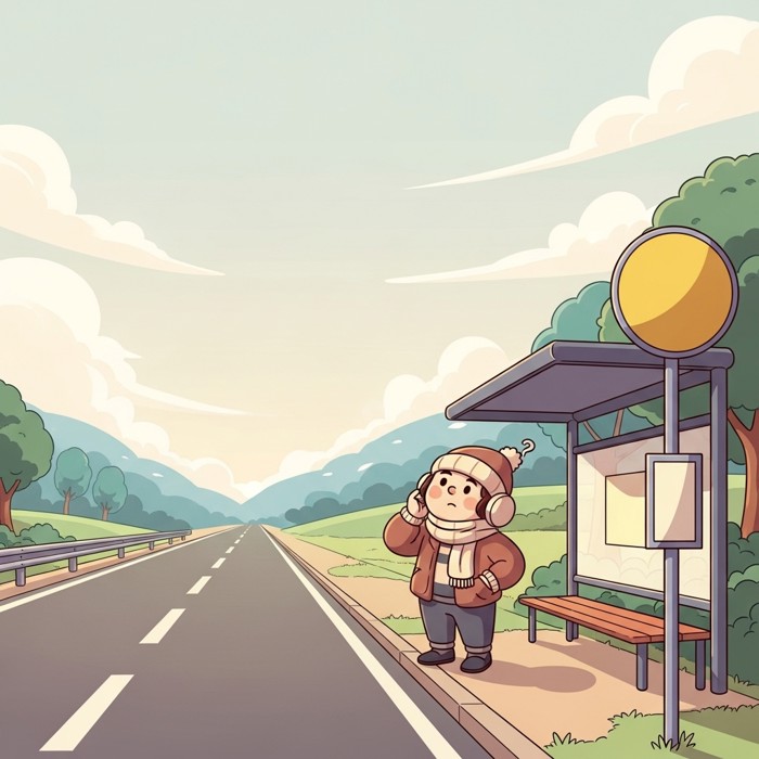 A cartoon person at a bus stop turning their head left, then right, seeing only an empty road stretching in both directions under a pale sky.