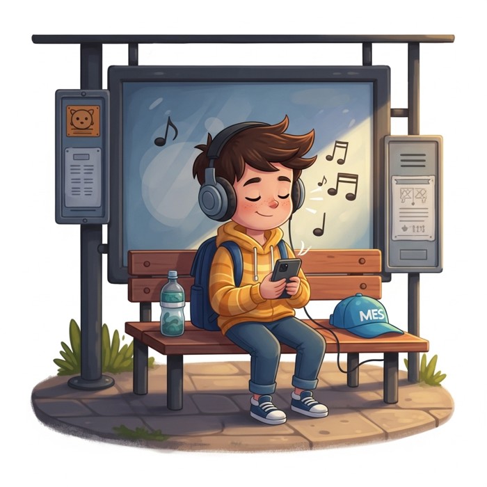 A cartoon boy at a bus stop wearing big headphones, eyes closed, smiling gently, holding a phone in his hand with musical notes floating around him.