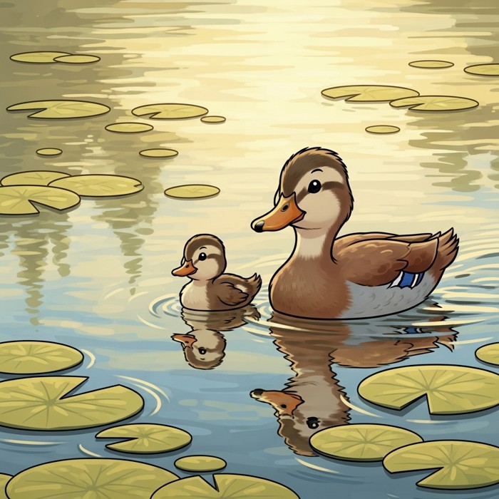 A mother duck and a small duckling swimming side by side on a peaceful pond, surrounded by lily pads and soft sunlight.
