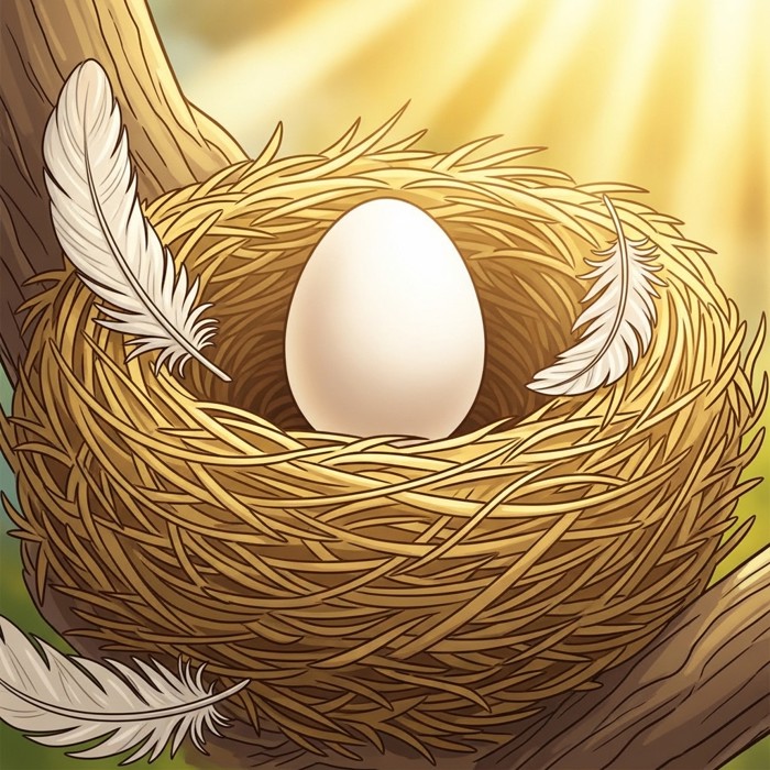 A small white egg sitting in a cozy nest made of hay and feathers, warm golden light around it.