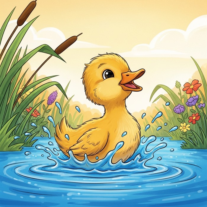 A small yellow duckling splashing into a bright blue pond, water droplets flying, a look of excitement on its face.