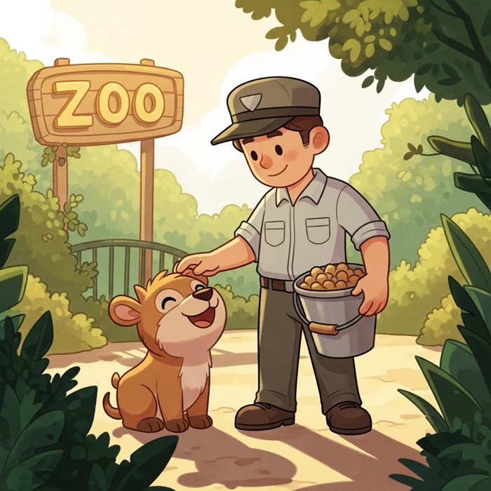 A caring cartoon zookeeper in a uniform holding a bucket of food, standing beside a smiling animal, with a zoo sign in the background.