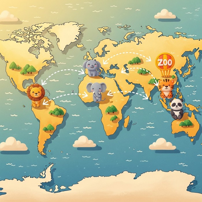 A cartoon map of the world with arrows pointing from Africa and Asia to a zoo, showing animals traveling from distant lands.