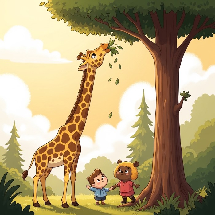 A cartoon giraffe stretching its long neck up to chew green leaves from the top of a tall tree, looking happy and content.