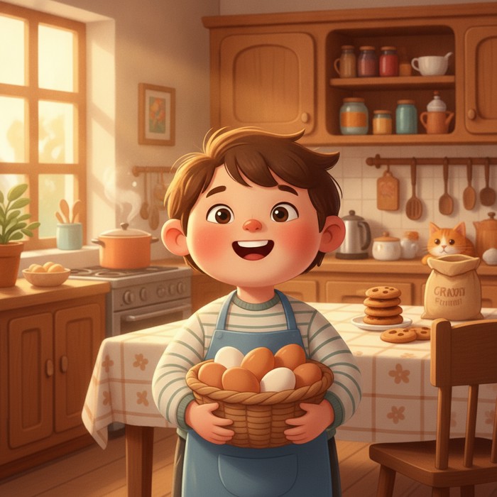 A happy cartoon child holding a basket of fresh brown and white eggs collected from the farm, smiling in a warm kitchen.