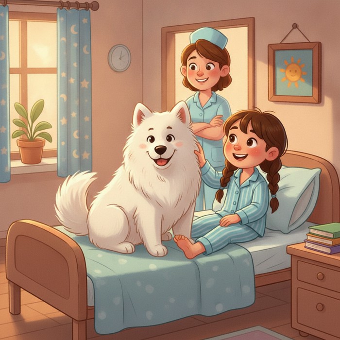 A fluffy white dog sitting gently on a hospital bed next to a smiling patient, warm indoor light, a nurse watching happily in the background.