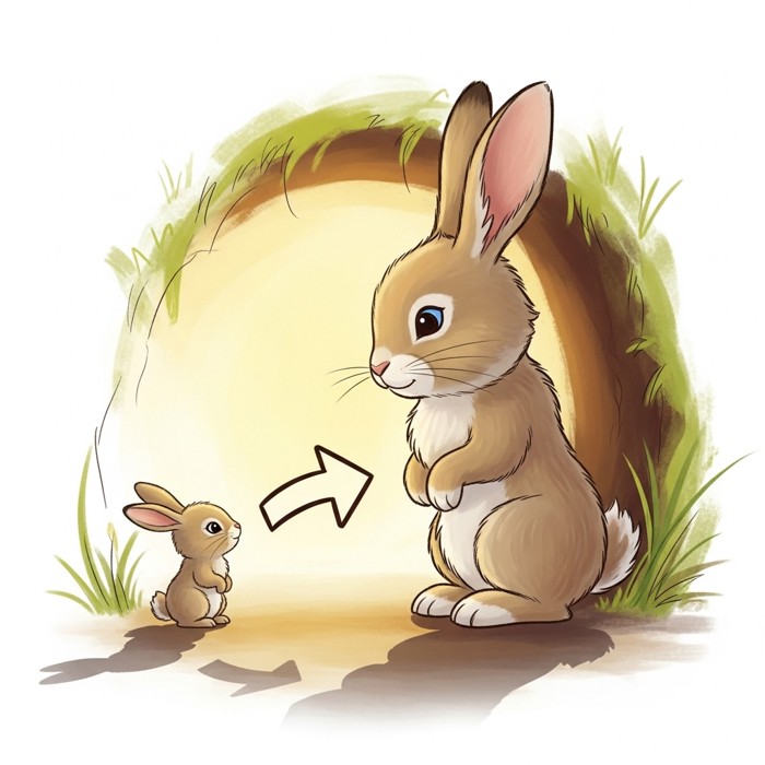 A side-by-side cartoon showing a tiny baby rabbit next to a large adult rabbit, with a big arrow pointing from small to big.