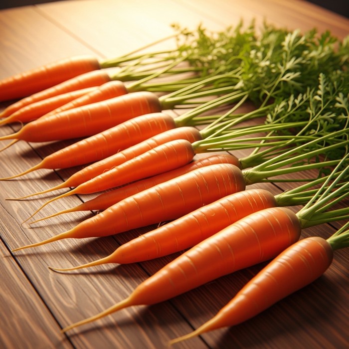 A row of bright orange carrots with green tops laid on a wooden table, looking fresh and colorful.