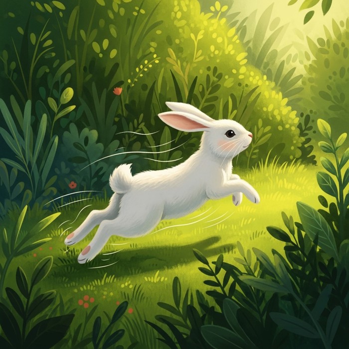 A white rabbit mid-hop in a green garden, its powerful back legs pushing off the ground, with motion lines showing speed.