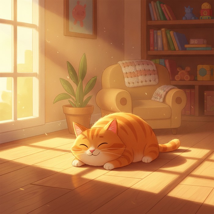A contented tabby cat lying flat on a warm wooden floor in a square of bright sunlight coming through a window, eyes closed.