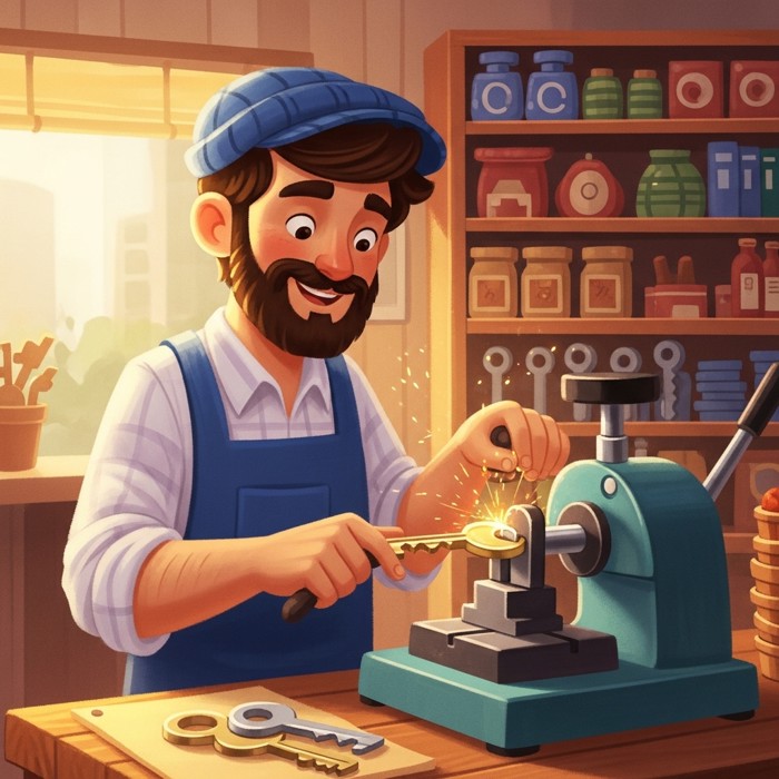 A friendly shopkeeper using a key-cutting machine to copy a key, sparks flying gently, colorful hardware store setting.
