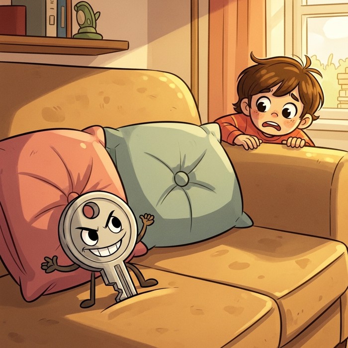 A cartoon key hiding behind a couch cushion with a mischievous grin, a worried child searching in the background.
