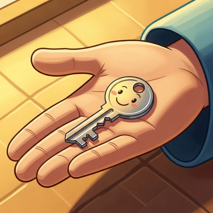 A cartoon hand holding a small key on a palm, smiling face drawn on the key, bright cheerful colors.