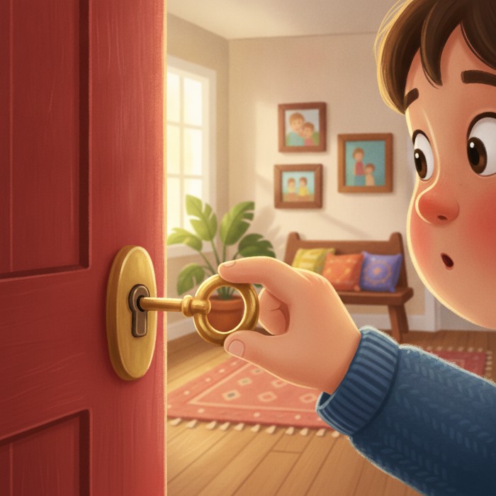 A child's hand carefully inserting a key into a front door lock, focused expression, cozy home hallway in the background.