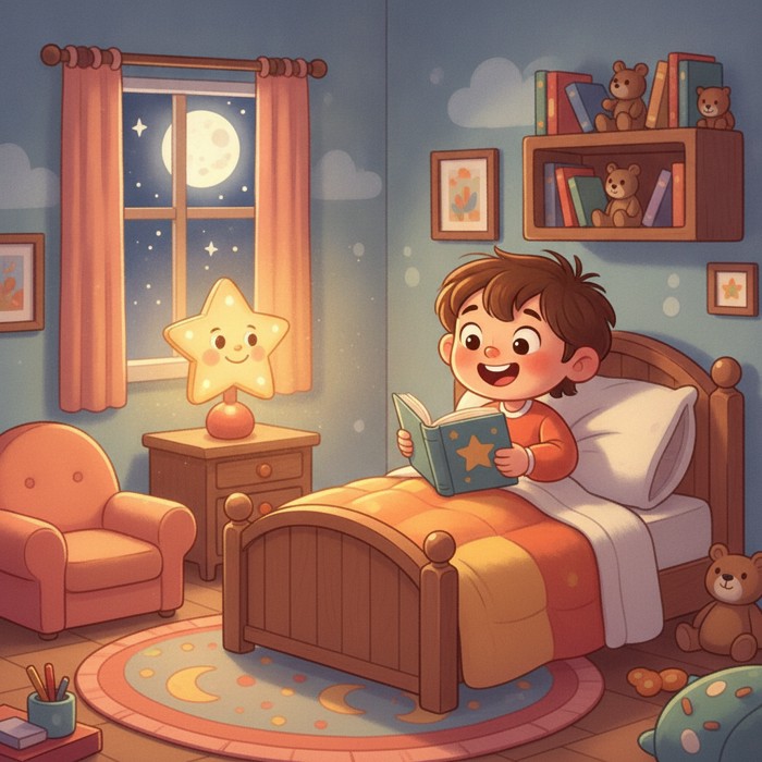 A cartoon child sitting up in bed under a warm yellow lamplight, smiling and holding an open book, cozy bedroom at night.