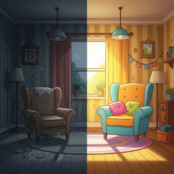 A cartoon room before and after: on the left, an old worn chair in a dull room; on the right, a bright new chair making the room look fresh and cheerful.