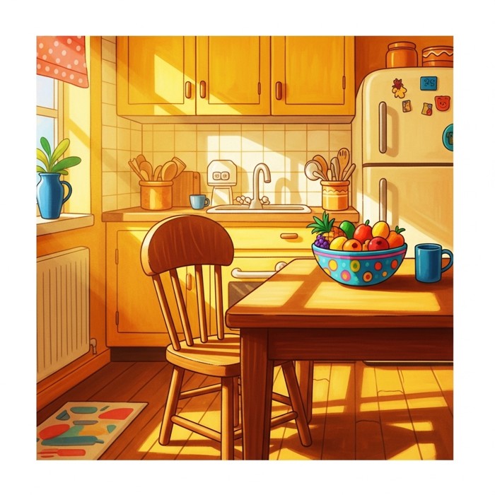 A cheerful cartoon kitchen with a wooden chair tucked under a table, bright yellow walls and a bowl of fruit on the table.