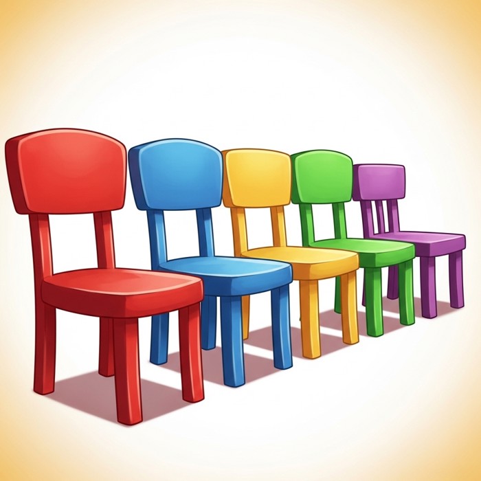 A row of cartoon chairs in bright colors — red, blue, yellow, green, and purple — lined up on a white background, cheerful and fun.