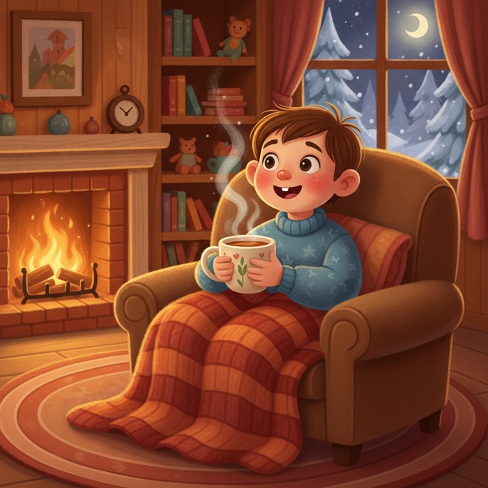A child holding a warm mug of tea with both hands, sitting in a soft chair with a cozy blanket, smiling happily.