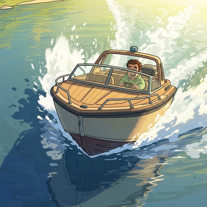 A cartoon motorboat speeding along a river, leaving a foamy white wake behind it, with a happy driver and a bright sunny background.