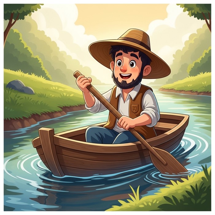 A cheerful cartoon man sitting in a small wooden boat, holding a wooden paddle and smiling, on a gentle river with green banks.