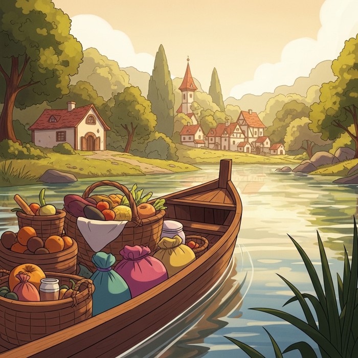 A cheerful cartoon scene of a wooden boat loaded with baskets of food and colorful bags, heading toward a small riverside town in the distance.