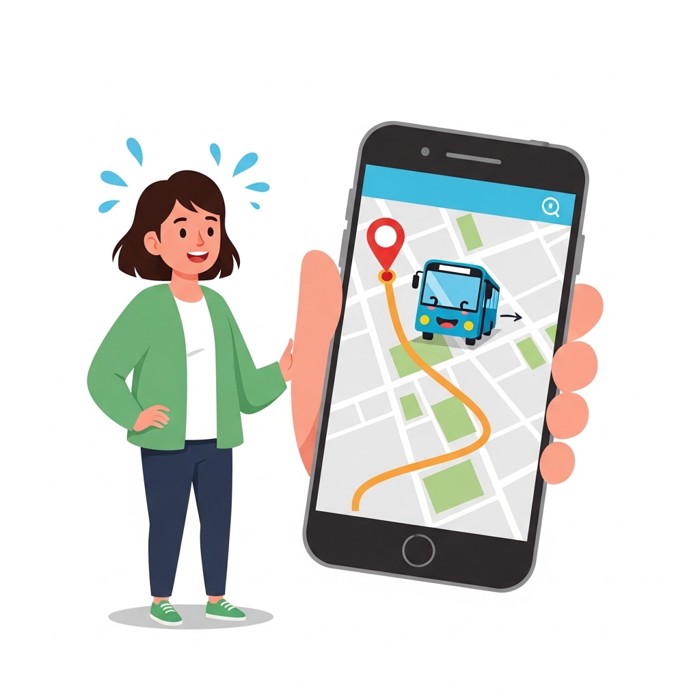 A cartoon person holding a bright smartphone showing a cheerful bus icon moving along a map route toward a bus stop marker, the person smiling with relief.