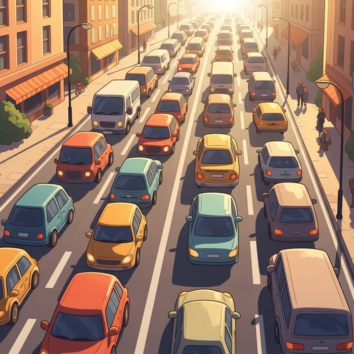 A colorful cartoon traffic jam on a wide city road, many cars bumper to bumper in bright sunshine, seen from a slightly elevated angle.