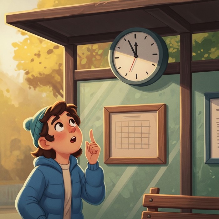 A cartoon person in a blue jacket looking up at a round clock mounted on a bus shelter wall, eyebrows raised in surprise.