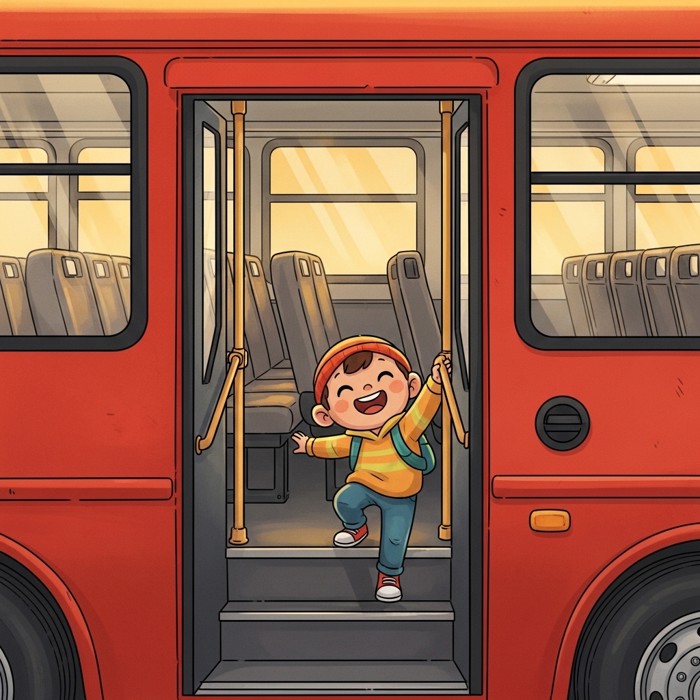 A cartoon child stepping onto a big red bus through the open front door, smiling, with rows of seats visible inside.