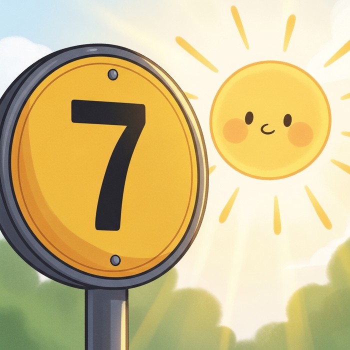A close-up cartoon of a yellow bus stop sign showing the number 7 in big bold letters, with a cheerful sun in the background.