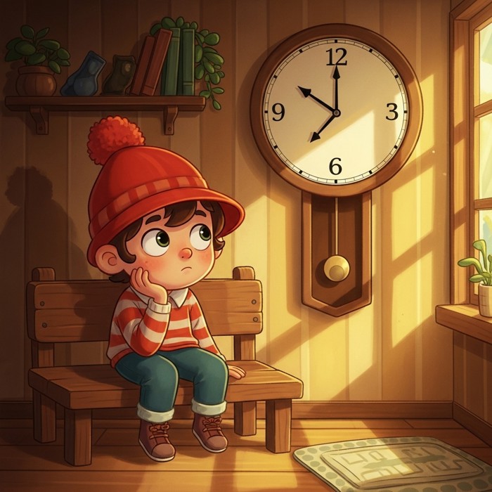 A cartoon child sitting on a bench looking bored, eyes wide, watching a clock on the wall tick slowly.