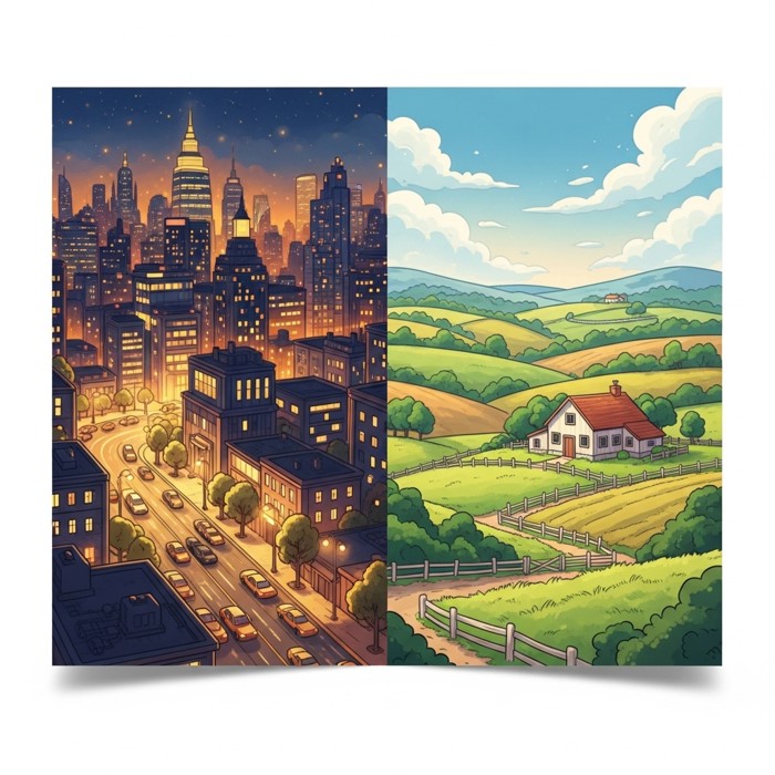 Cuộc sống thành thị so với cuộc sống nông thôn, a story about City Life