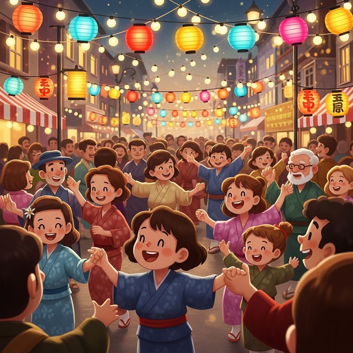 A colorful street festival with a huge, cheerful crowd dancing and laughing together under string lights and paper lanterns.