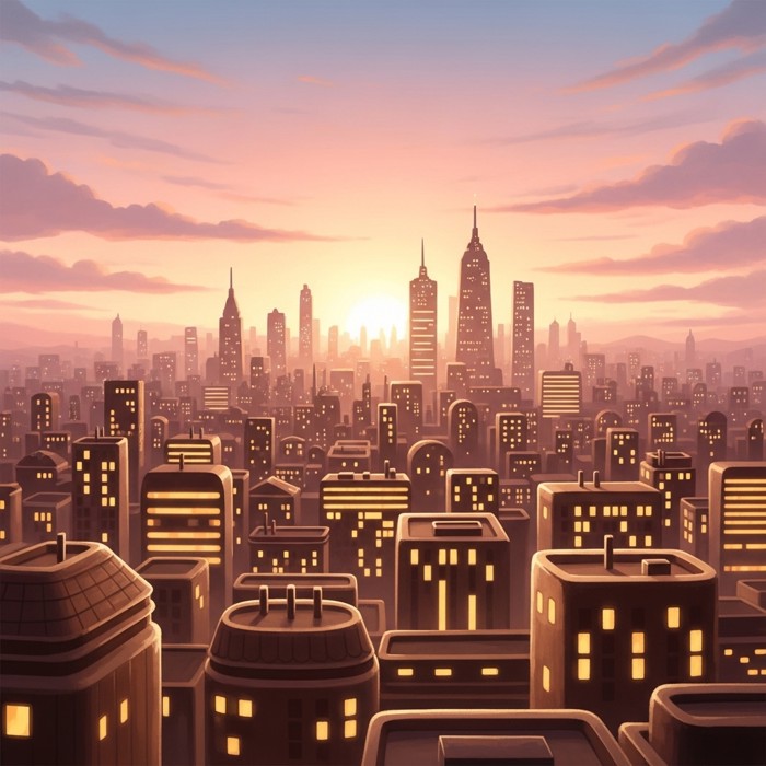 A glowing city skyline slowly turning from night to dawn, soft pink and orange sunrise colors mixing with the last twinkling city lights.