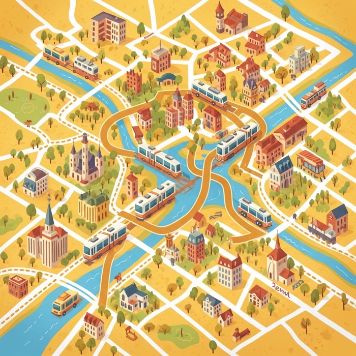 A cheerful cartoon city map showing buses, trams, and subway lines all connecting neighborhoods together like a big team working as one.