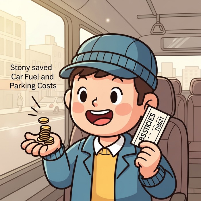 A cartoon commuter happily counting coins saved compared to a car's fuel and parking costs, a bus ticket in hand.