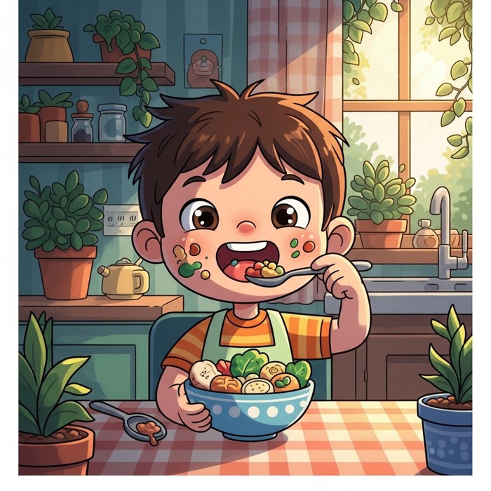 A cartoon child holding a spoon and eating a bowl of colorful food happily, cheerful kitchen background.