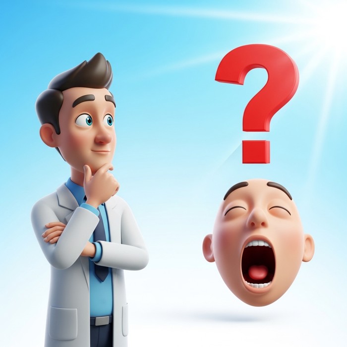 A cartoon scientist in a lab coat looking thoughtfully at a big question mark above a yawning cartoon face, bright background.