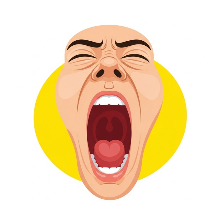 A close-up cartoon face with mouth stretched wide open in a yawn, simple bright background.