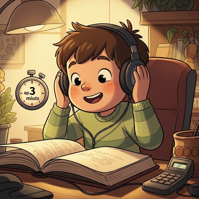 A cartoon child listening happily to music through headphones, a small timer nearby showing about three minutes passing.