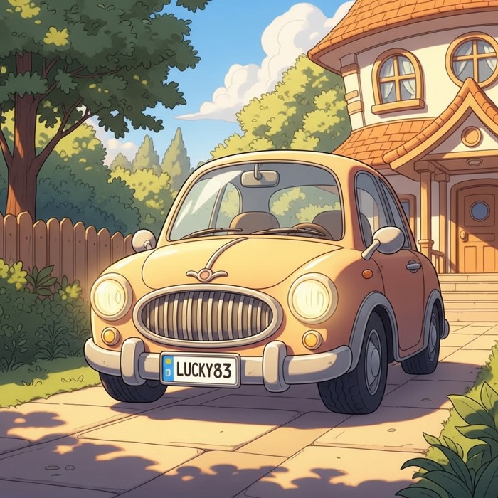 A cartoon car with a glowing license plate showing a lucky number, parked proudly in a driveway.