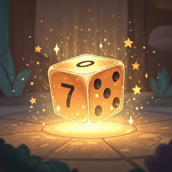 A cartoon dice showing the number seven glowing brightly, sparkles and stars scattered around it for good luck.