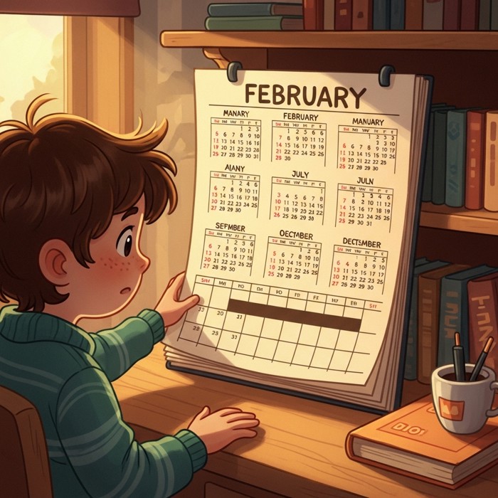 A cartoon calendar page for February looking noticeably shorter than the other month pages, a puzzled but curious child looking at it.