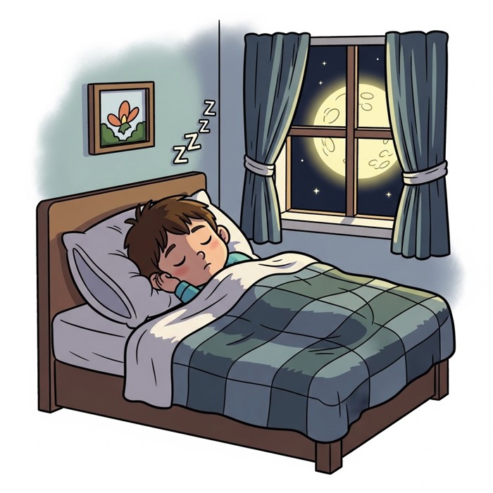 A cartoon child sleeping peacefully in bed under a cozy blanket, a glowing moon visible through the window.