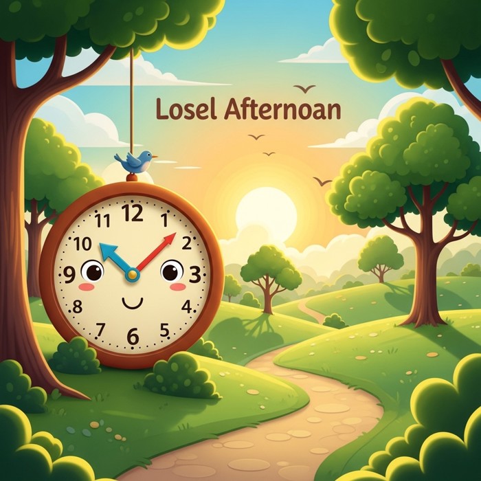 A cartoon clock showing the afternoon hours, with the sun slightly lower in the sky over a park.