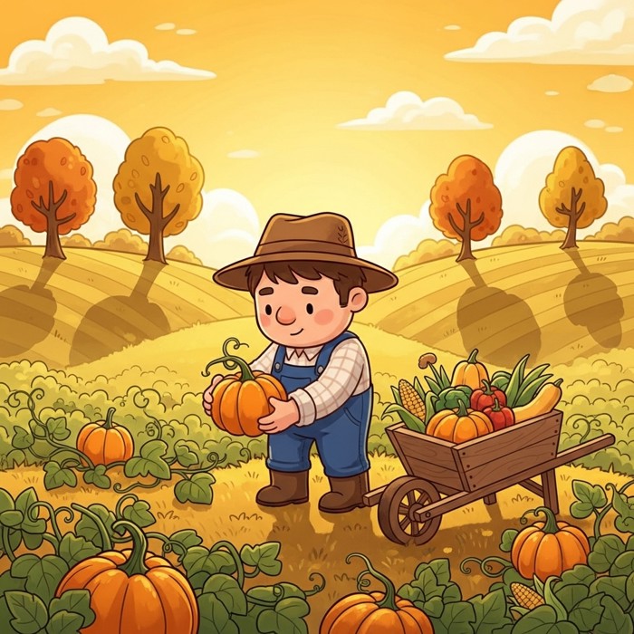 A cartoon farmer harvesting pumpkins in a field under a golden autumn sky, a wheelbarrow full of vegetables nearby.